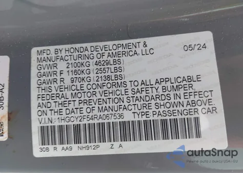 2024 Honda Accord Hybrid Sport from USA, damaged, VIN 1HGCY2F54RA067536